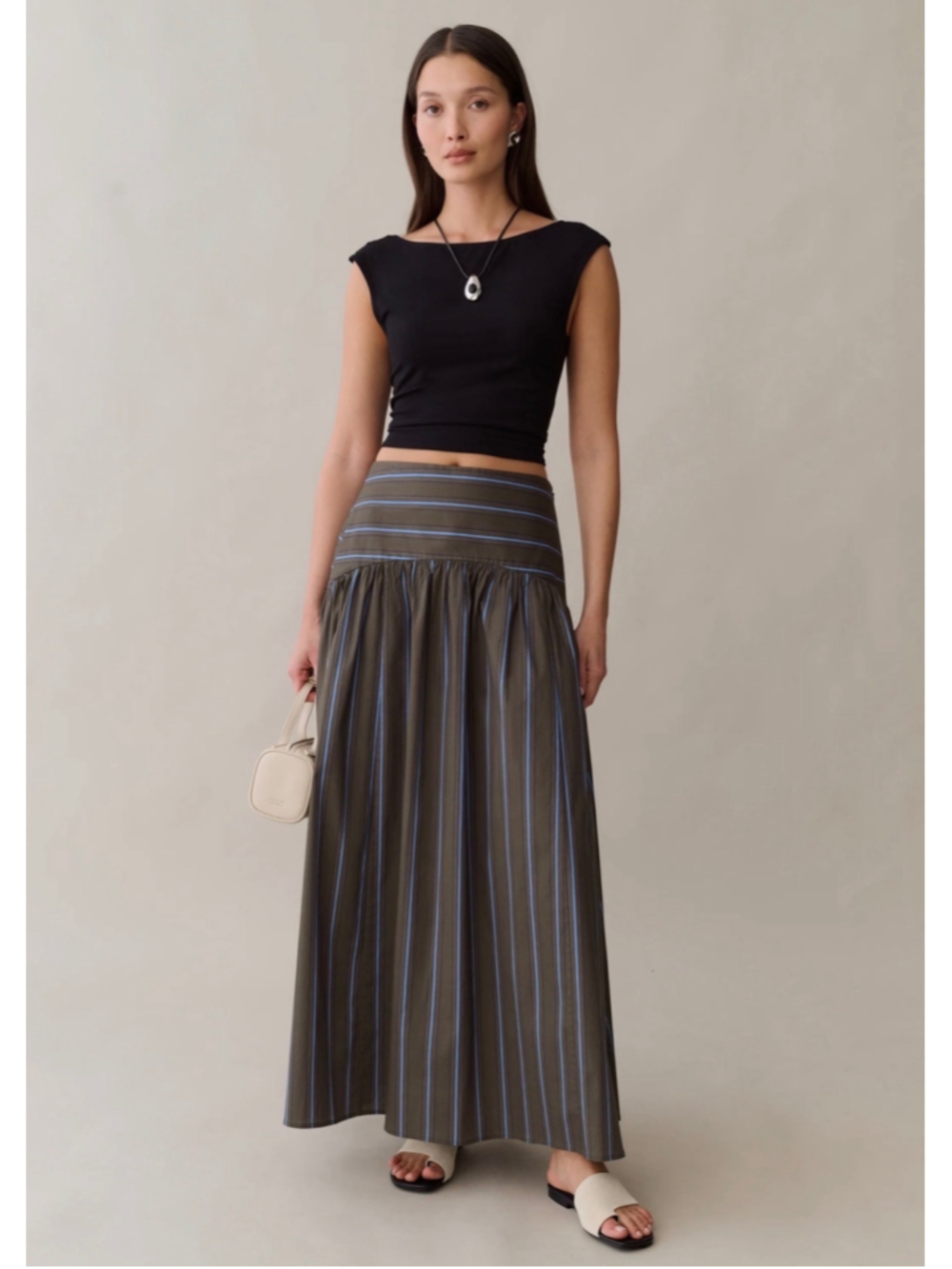 Women's Caara Maxi Skirt Size 6 Olive Green Blue Striped